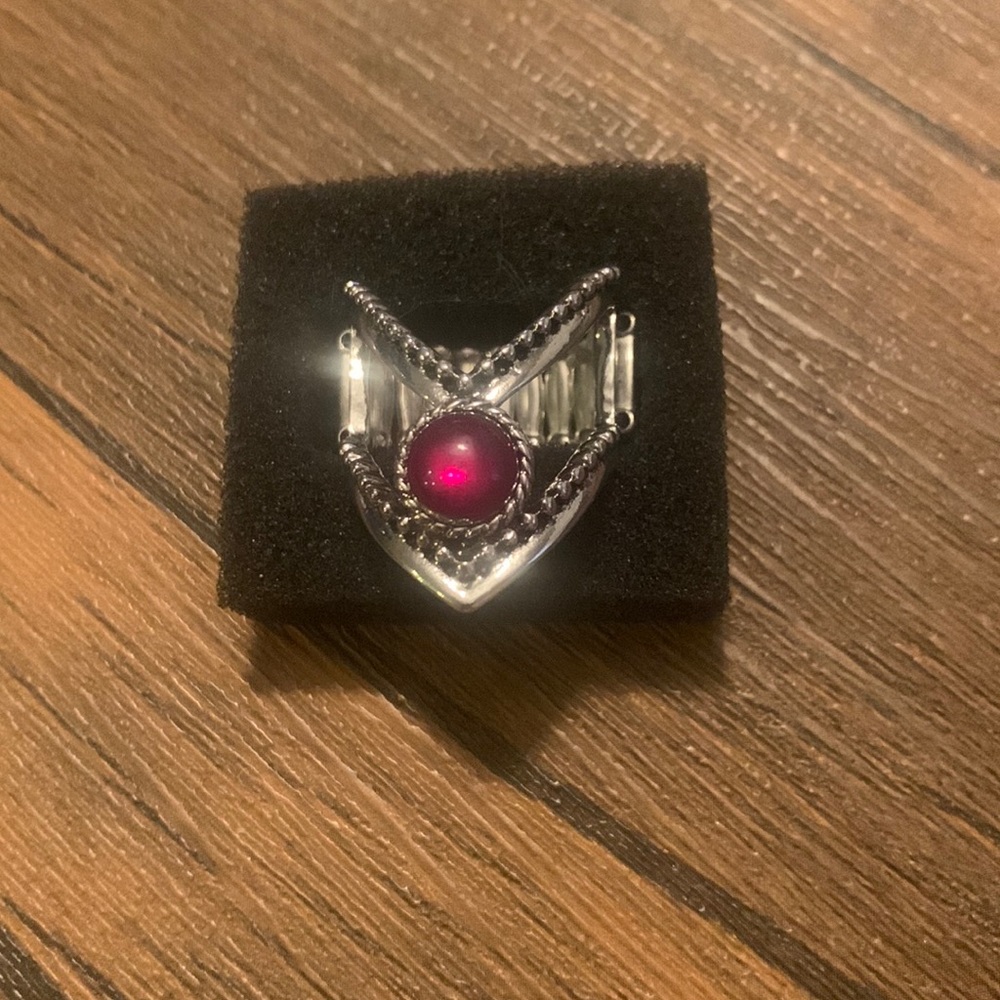 Silver with black and red stone ring
